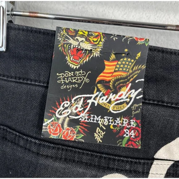 Ed Hardy 90s Flare black jeans Tiger head embroidery boho logo sz 34 - Picture 5 of 14